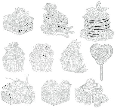 Set of vector cupcakes and pancakes with chocolate and raspberry for coloring