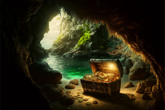 Generative AI illustration of pirates treasure chest in cave