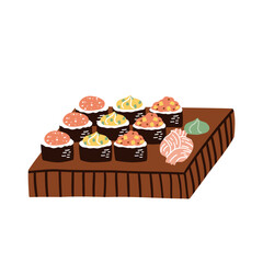 set of sushi on a wooden board. traditional food. hand drawn vector illustration in flat style