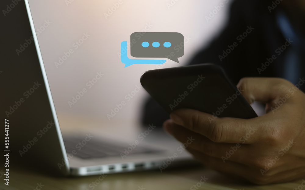 Poster people use smartphones or computers to type, and send chat messages on the internet online. for comm