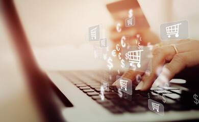 Businesswoman using laptop and icon network connection data with growth graph customer, digital...