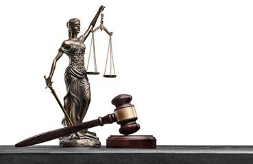 Brown justice statue with scale and wooden gavel - obrazy, fototapety, plakaty