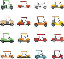 Golf cart icons set. Flat set of golf cart vector icons for web design isolated