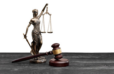 Brown justice statue with scale and wooden gavel - obrazy, fototapety, plakaty