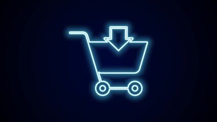 Glowing neon line Add to Shopping cart icon isolated on black background. Online buying concept. Delivery service sign. Supermarket basket symbol. 4K Video motion graphic animation