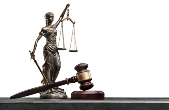 Brown justice statue with scale and wooden gavel