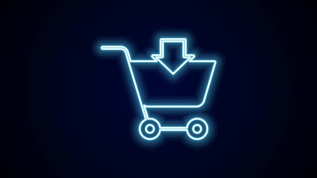 Glowing neon line Add to Shopping cart icon isolated on black background. Online buying concept. Delivery service sign. Supermarket basket symbol. 4K Video motion graphic animation