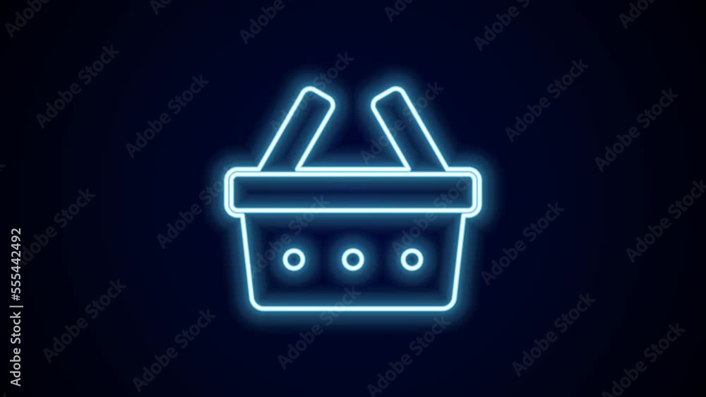 Poster Glowing neon line Shopping basket icon isolated on black background. Online buying concept. Delivery service sign. Shopping cart symbol. 4K Video motion graphic animation