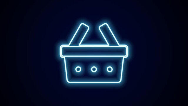 Glowing neon line Shopping basket icon isolated on black background. Online buying concept. Delivery service sign. Shopping cart symbol. 4K Video motion graphic animation