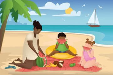 Obraz na płótnie Canvas Family relaxing in seaside resort concept in flat cartoon design. Mom, son and daughter having summer picnic, eating watermelon and sitting on beach. Illustration with people scene background