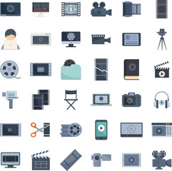 Video editing icons set flat vector. Screen audio player. Online video playlist isolated