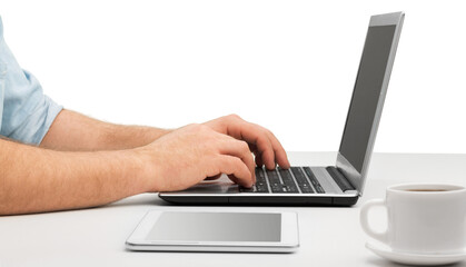 Business man hand using laptop computer.