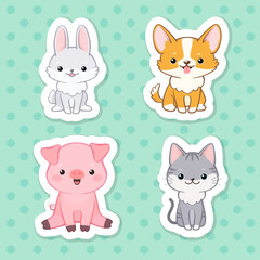 Cute cartoon animal characters sticker pack. Printable vector illustration