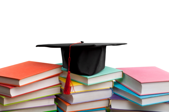Stack school books with a black graduation hat - Powered by Adobe