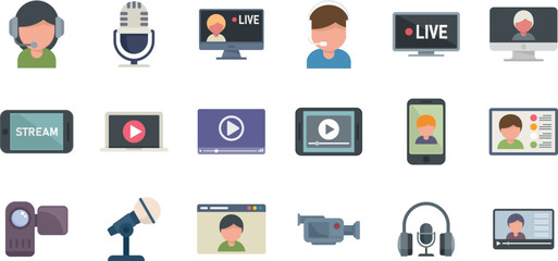 Stream icons set flat vector. Live streaming. Video watch isolated