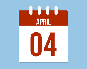 4 April day calendar vector. Red calendar page icon on blue background for April days
