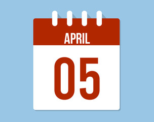 5 April day calendar vector. Red calendar page icon on blue background for April days