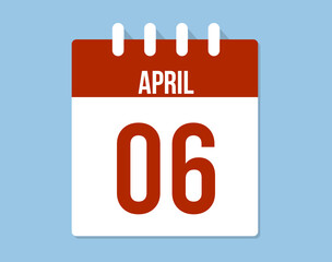 6 April day calendar vector. Red calendar page icon on blue background for April days