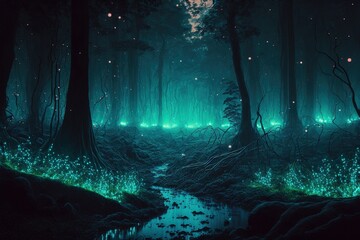 A magical forest with bright neon blue lights at night, generative ai