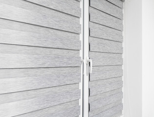 Roller window blinds and curtains, roll jalousie. Plastic or aluminum shutter, closed and open...