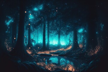 A magical fantasy forest with blue lights and golden shiny particles, generative ai