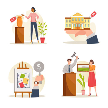 Auction concept with people scene set. Men and women buyers bidding for lots, auctioneer holds gavel sell painting picture and artworks in art gallery. Illustration in flat design for web