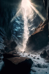 At the base of a beautiful massive waterfall in a glacier canyon. Designed using Generative AI. 