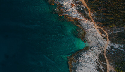 Aerial view of small picturesque village situated on the top southernmost tip of the Istrian peninsula just south of the city of Pula in Croatia. Premantura landscape 