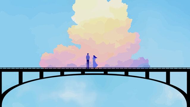anime couple on bridge watching the clouds  digital art, painting, 3d illustration, anime, art, Graphics, backgrounds, anime characters, anime wallpapers, cartoon, girl, fantasy artwork