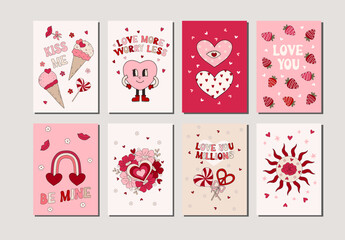 Fototapeta na wymiar Set of hand drawn vector illustration Valentine's Day posters and cards, banners. Valentine's day greeting cards design in modern retro vintage groovy 60s 70s style.