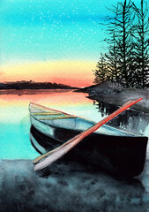 Watercolor illustration of a fishing boat on the shore of a lake with a sunset yellow and blue sky reflecting in the water and a wooded shore