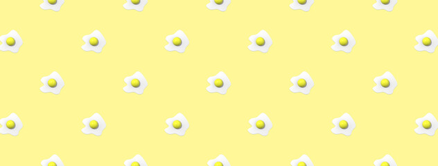 Seamless pattern. Image of chicken egg on pastel yellow backgrounds. Egg with round yolk. Surface overlay pattern. Banner for insertion into site. 3D image. 3D rendering.