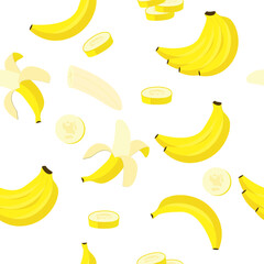 Vector seamless fruit pattern with banana. A design element for textiles. Juicy background for kids or fashionable design.