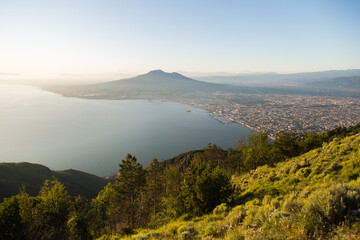 Panorama of the Gulf of Naples at sunset. View of Mount Vesuvius and the Bay of Naples from Mount Faito