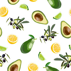 Avocado, olive, lemon and lime seamless pattern