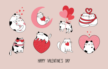 Hand drawn character collection with cute funny cats for Valentine's Day.