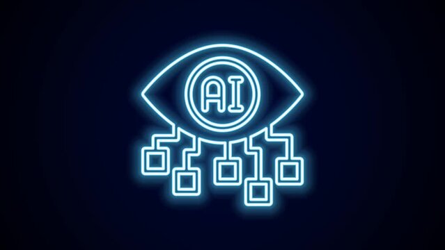 Glowing neon line Computer vision icon isolated on black background. Technical vision, eye circuit, video surveillance system, augmented reality systems. 4K Video motion graphic animation