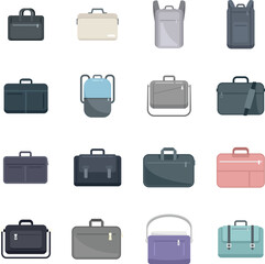Laptop bag icons set flat vector. Computer case. Shoulder luggage isolated