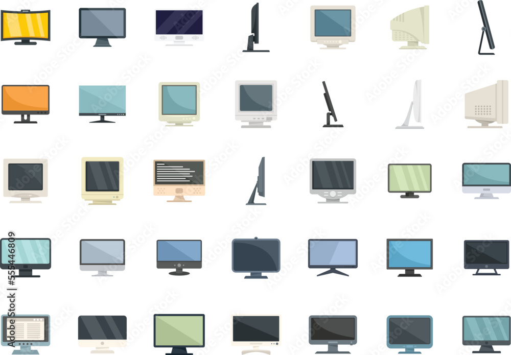 Poster monitor icons set flat vector. computer screen. data monitor isolated