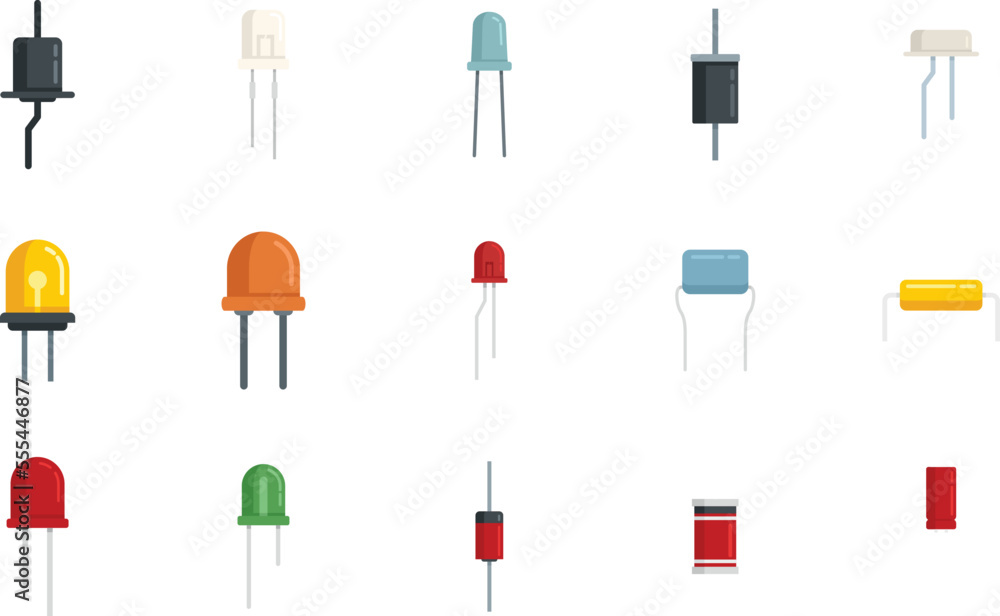 Poster diode icons set flat vector. anode light. led alarm isolated