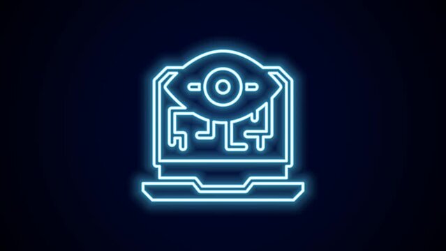 Glowing neon line Computer vision icon isolated on black background. Technical vision, eye circuit, video surveillance system, augmented reality systems. 4K Video motion graphic animation