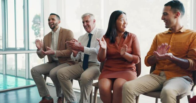 Applause, presentation and row of business people in office for workshop, meeting and conference. Success, celebration and group of employees clapping hands for support, good job and motivation
