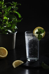 A glass with sparkling water with lemon