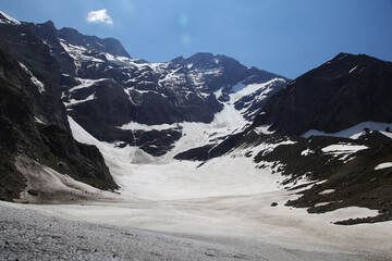 View to Grosses Wiesbachhorn glacier near Kaprun Hochgebirgsstauseen - water reservoirs in mountains, Kaprun, Austria	