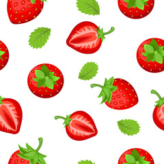 Vector seamless fruit pattern with strawberries. A design element for textiles. Juicy background for kids or fashionable design.