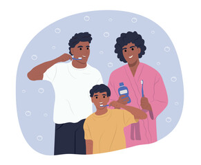 World Oral Health Day. Young smiling african american parents and children take care of their teeth and oral cavity. Vector flat illustration