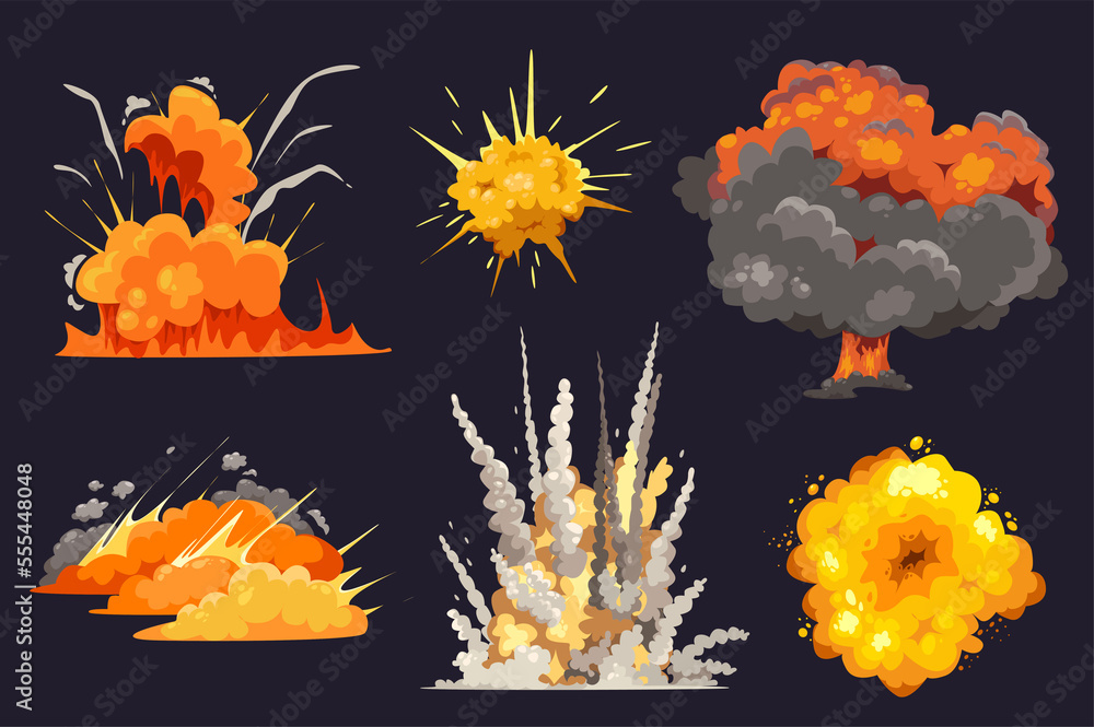 Poster bomb explosions with smoke clouds in cartoon style set isolated elements. bundle of red and orange f