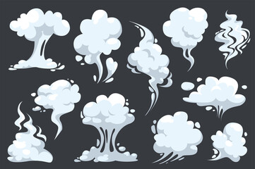 Steam clouds and smoke in cartoon style set isolated elements. Bundle of vapor, wind, gas, smell and fog effects frames in different shapes with curve moving. Illustration in flat design