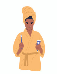 World Oral Health Day. A young smiling african american girl is holding a toothbrush and mouthwash. Vector flat illustration