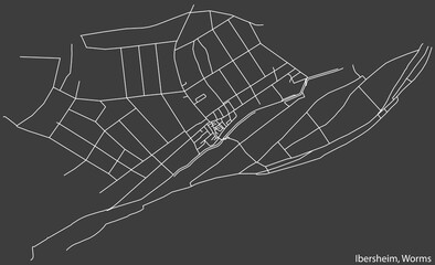 Detailed negative navigation white lines urban street roads map of the IBERSHEIM QUARTER of the German town of WORMS, Germany on dark gray background